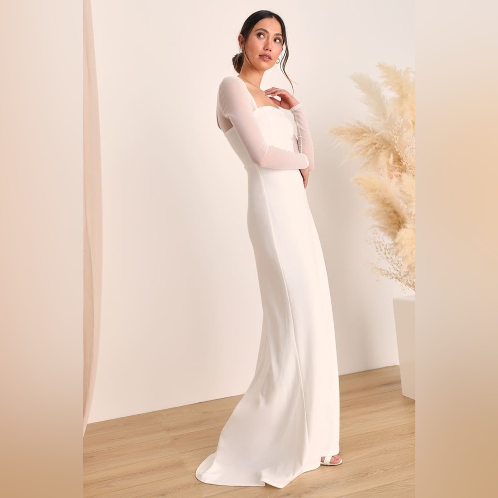 Lulu's White Maxi Dress with Sheer Long Sleeves